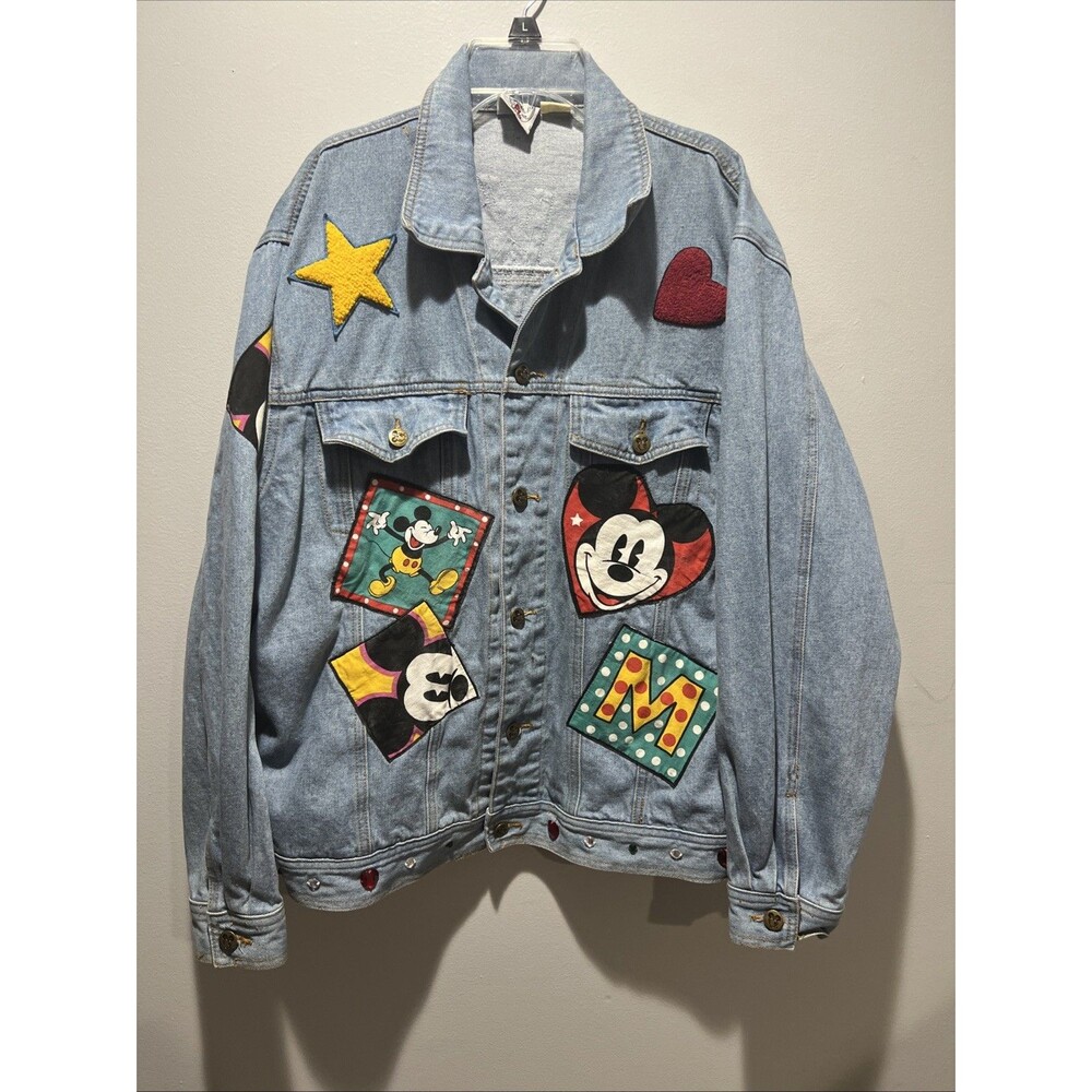 Vtg MICKEY & Co Disney Denim Jacket Mickey Mouse L 90s Patchwork Jewels Bling